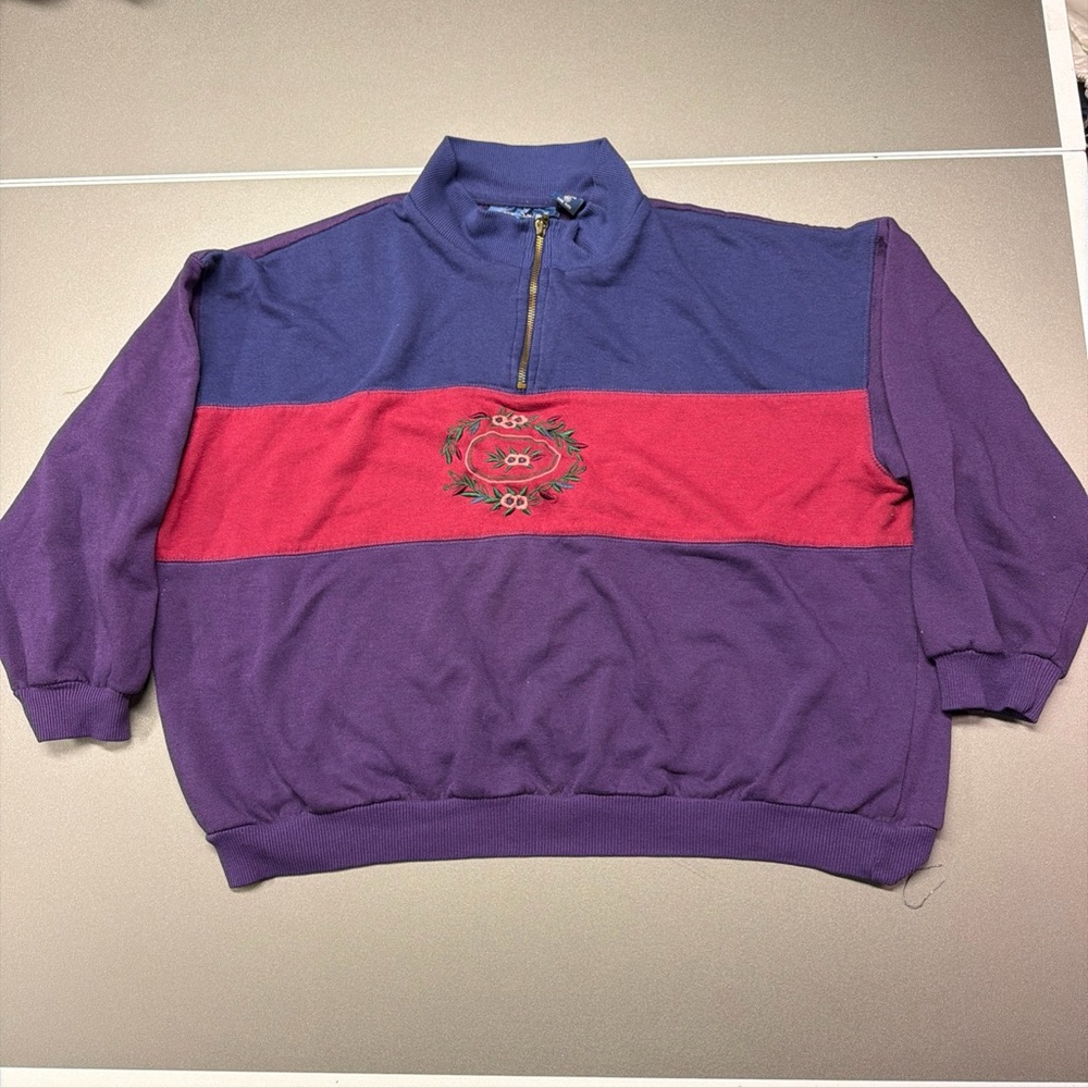Vintage Allison‎ Smith Floral Sweatshirt Womens Colorblock 1/4 Zip 90s Novelty